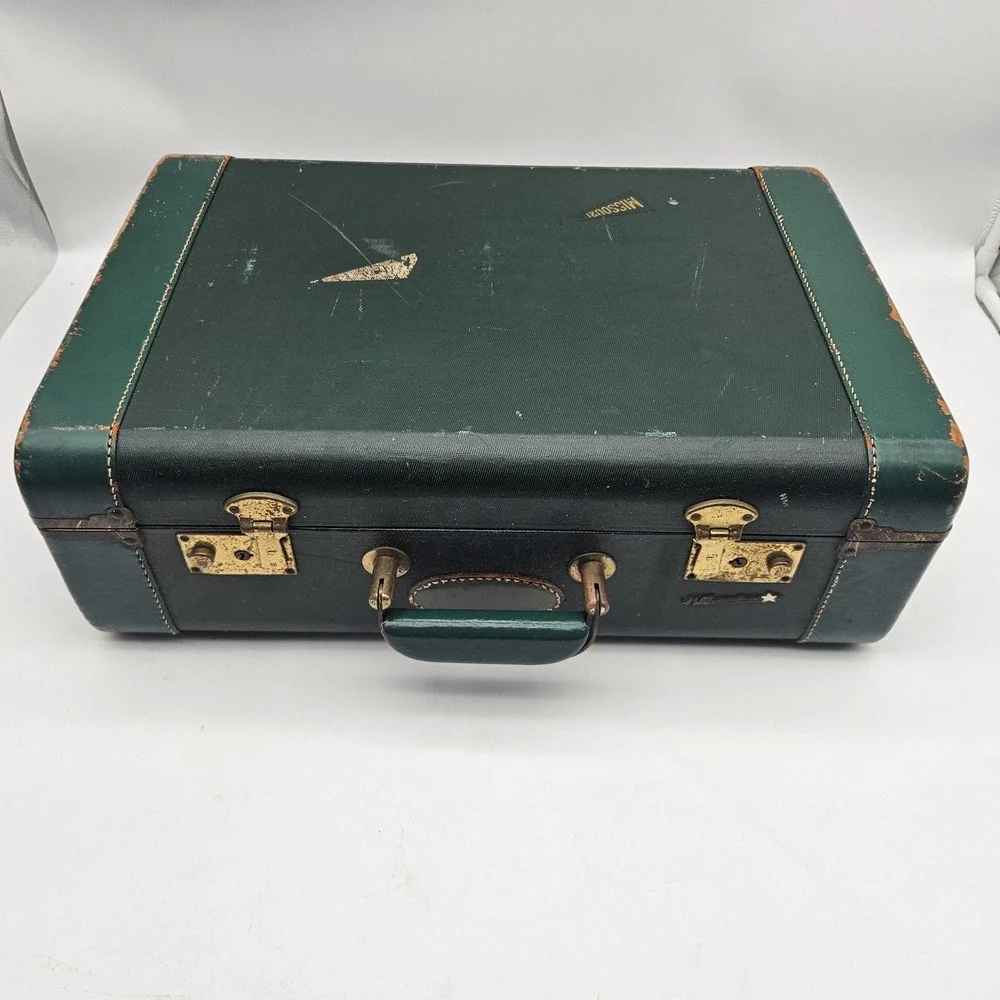 Vintage White Star Hard Shell Suitcase Luggage Green Celanese Lined Made USA 40s